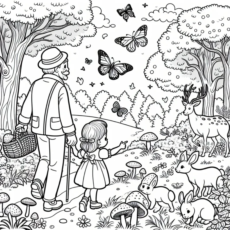 Cette petite fille accompagne son papa dans la forêt enchantée pour chercher des champignons. Ils rencontrent différents animaux forestiers, tels que des lapins, des écureuils, des biches et des oiseaux. Pour couronner le tout, ils aperçoivent de magnifiques papillons au-dessus de la rivière. Aidez cette petite fille à ramener des couleurs magiques sur cette page.