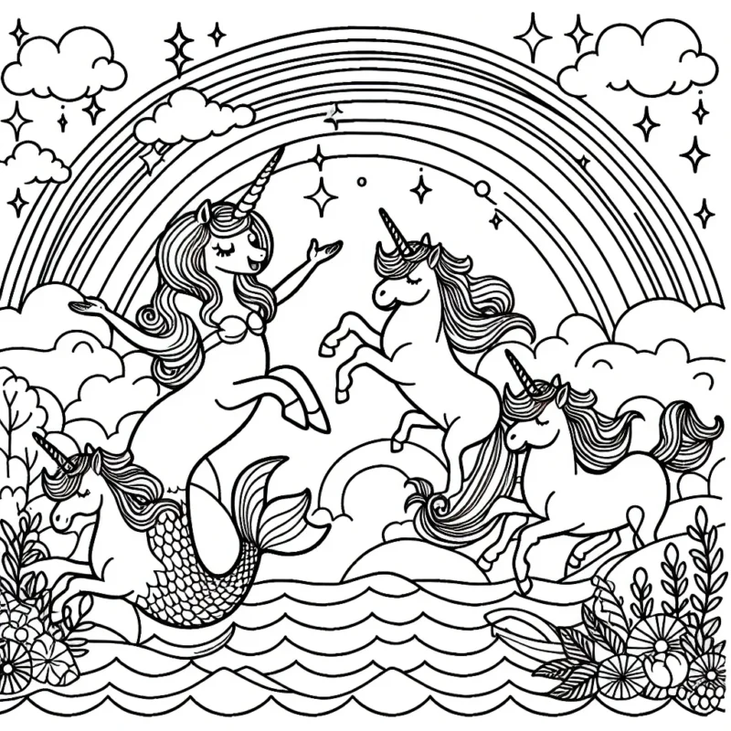 Un paysage féerique enchanteur où une sirène gracieuse joue avec de joyeuses licornes sous un arc-en-ciel lumineux.