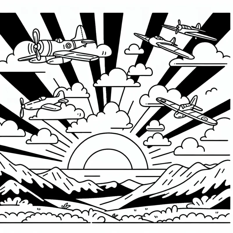 Imaginez une scène en plein air où plusieurs avions volent dans un ciel rempli de nuages. Le soleil est en train de se coucher, ajoutant des couleurs magnifiques au ciel. Il y a aussi des montagnes en arrière-plan pour compléter le paysage. Il y a différents types d'avions, des jets de combat modernes aux avions à hélices classiques.
