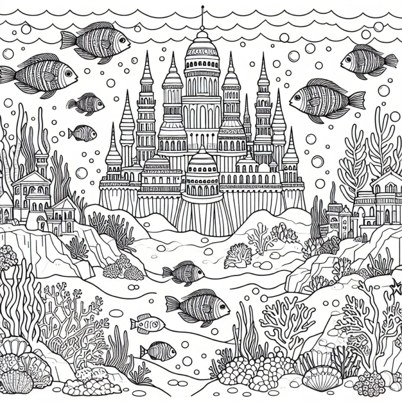 Il est temps de colorier une cité sous-marine fantastique ! Imagine des poissons de toutes les formes et couleurs, entourés d'une architecture marine hors du commun. N'oublie pas de colorier les coraux, les algues et peut-être même une sirène ou un triton cachés quelque part.