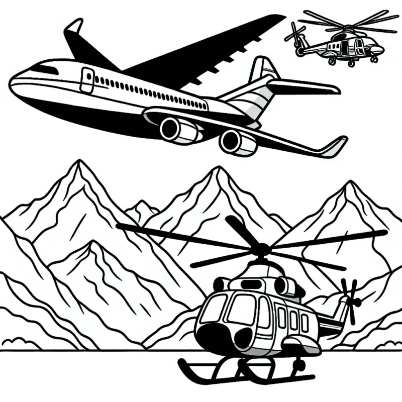 Un avion de passagers survolant des montagnes majestueuses, un hélicoptère de sauvetage en action et un jet de chasse ultra-rapide dans le ciel