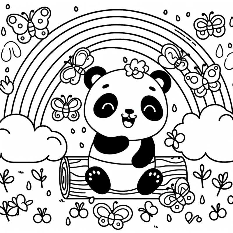 Un joyeux panda qui joue avec une bande de papillons colorés sous un grand arc-en-ciel