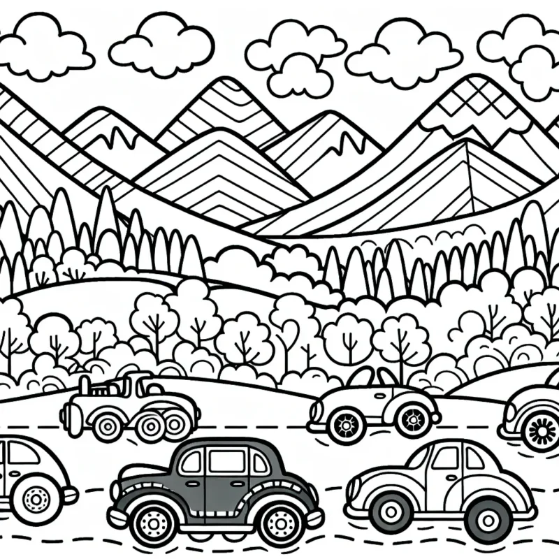 Une course animée d'automobiles multicolores avec différents paysages en arrière-plan