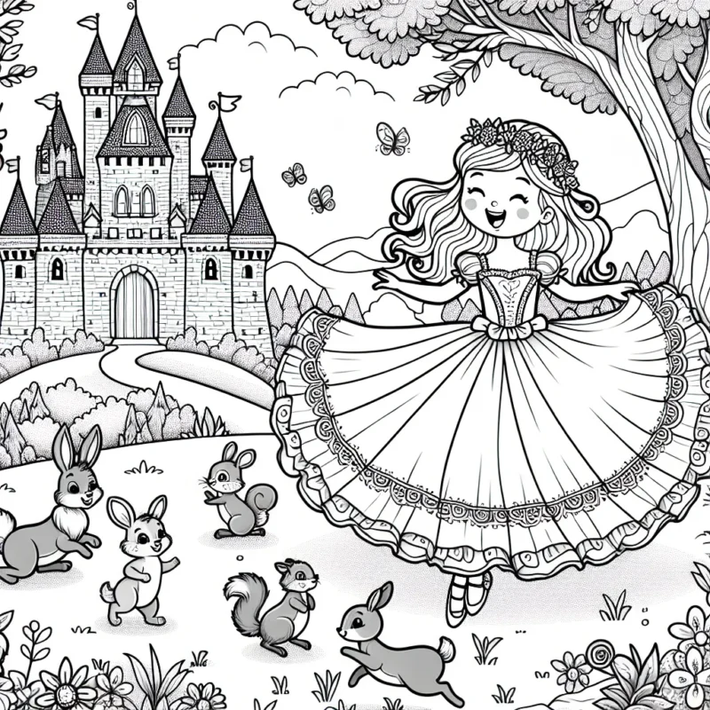 Un paysage fantastique de château enchanté où une petite princesse avec sa robe tourbillonnante danse avec des animaux de la forêt.