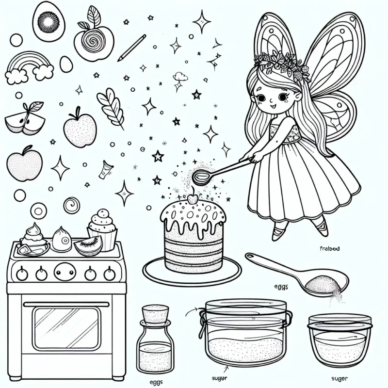 Une fée enchantée qui pâtisse un gâteau magique dans une petite cuisine, avec divers ingrédients tels que des fruits arc-en-ciel, des œufs dorés, du sucre en poudre d'étoiles et une cuillère en argent.