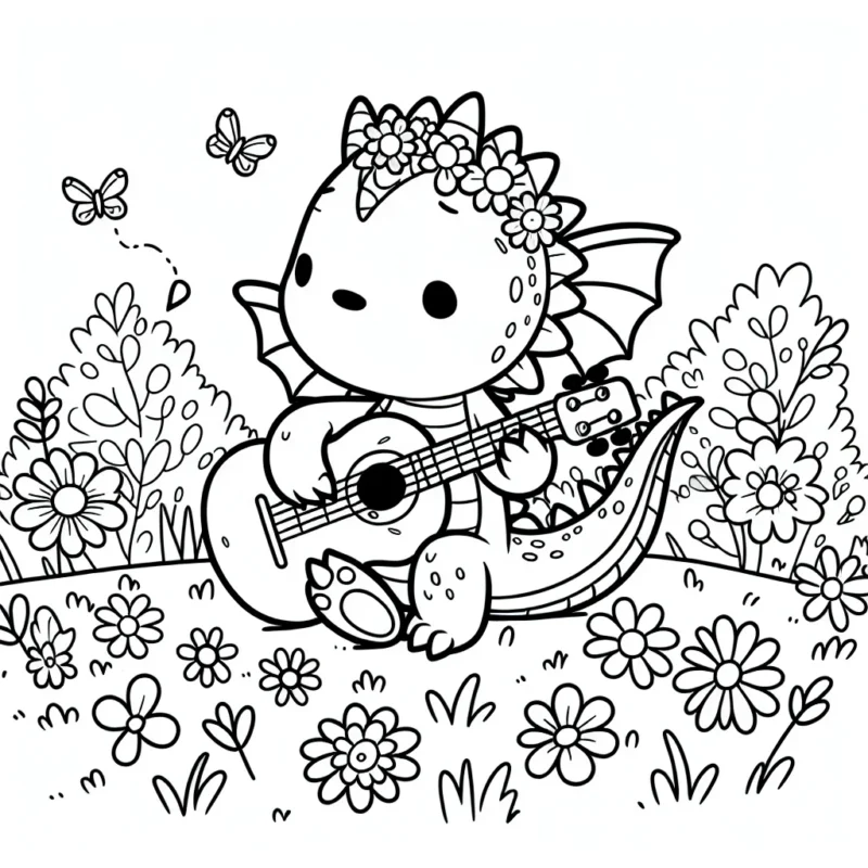 Un petit dragon jouant de la guitare dans un pré rempli de fleurs