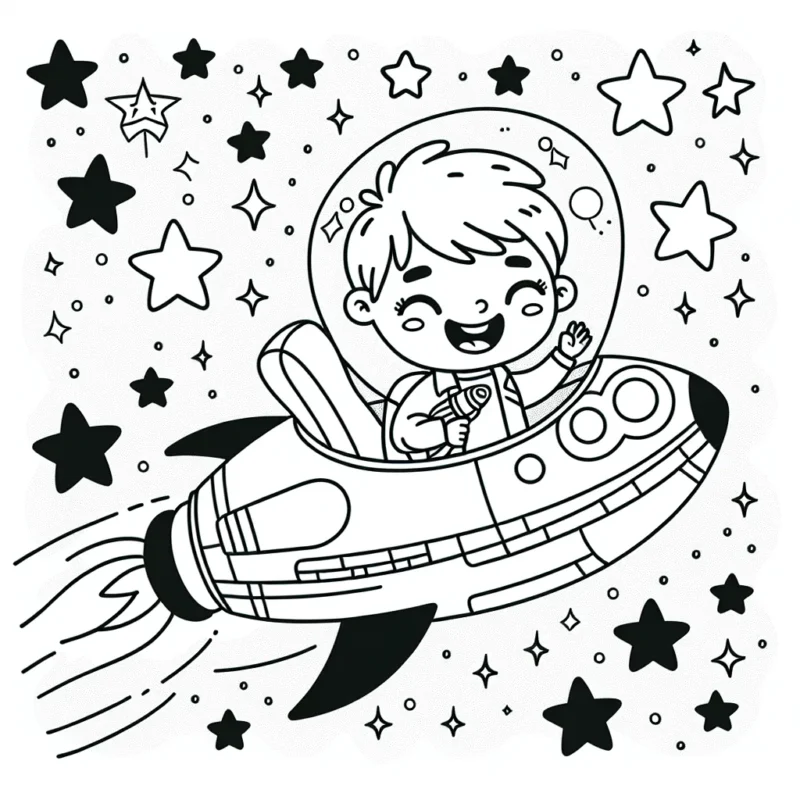 Un petit garçon qui pilote fièrement un vaisseau spatial futuriste au milieu des étoiles scintillantes.