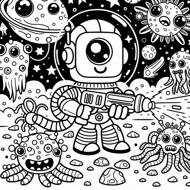 Un petit robot sympa est en mission pour sauver la planète d'une armée de monstres d'espace. Il a une armure brillante et est armé d'un pistolet à rayon laser. Les monstres ressemblent à des aliens avec plein de tentacules. Le champ de bataille est un paysage spatial mixte rempli de météorites, de lunes, d'étoiles et d'autres galaxies.