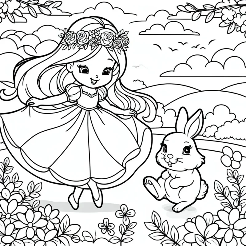 Une jeune princesse danse avec un adorable petit lapin dans un jardin fleuri sous un ciel azure.