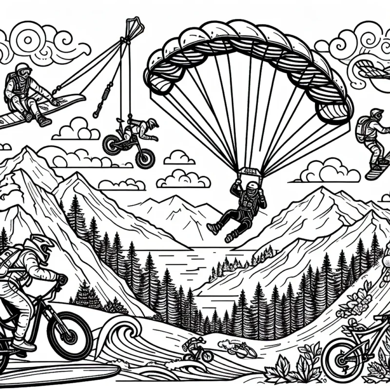 Montre un parcours d'un sportif extrême dans le monde magique du sport. Dessin détaillé de plusieurs scènes intenses d'actions en plein air : saut en parachute au-dessus des montagnes, surf sur de grosses vagues, descente en VTT dans la forêt, escalade d'une falaise vertigineuse et snowboard sur une pente enneigée.