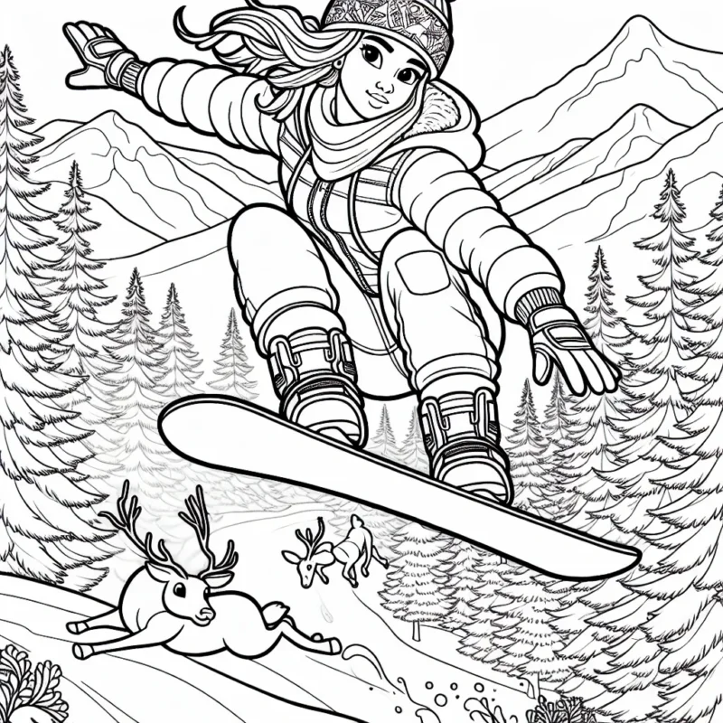 Un dessin détaillé montrant un athlète effectuant un saut sur un snowboard dans un environnement montagneux extrême, avec des cerfs et des arbres en arrière-plan.