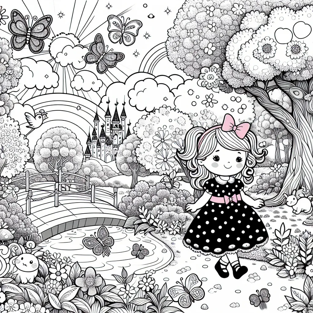 Sur une belle journée de printemps, une petite fille nommée Léa se promène dans un jardin enchanté. Elle portent une robe à pois avec un nœud rose dans les cheveux. Dans le jardin, il y a toutes sortes d'animaux fantastiques : des papillons scintillants, des oiseaux arc-en-ciel, des lapins aux longues oreilles. Les arbres sont grands avec des fleurs de toutes les couleurs. Il y a également une rivière claire qui traverse le jardin avec un petit pont en arc-en-ciel que Léa traverse. Dans le ciel, il y a un soleil d'or rayonnant derrière un nuage de barbe à papa. Enfin, elle voit au lointain un magnifique château de rêve.