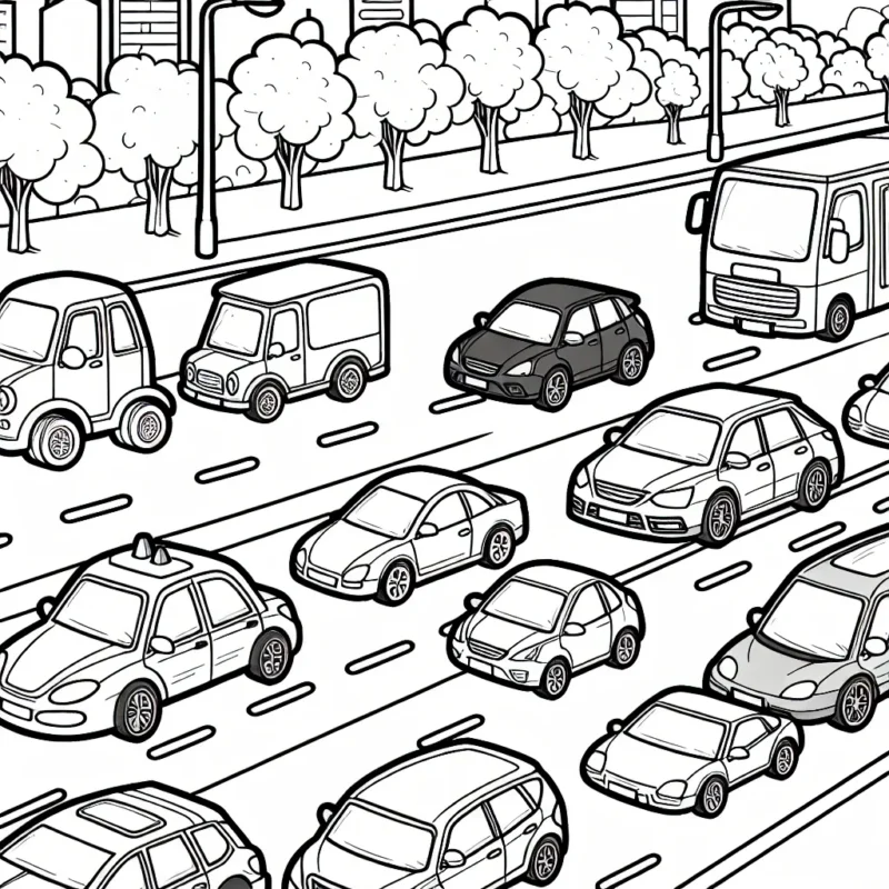 Dessine une scène où on peut voir différentes marques de voitures garées le long d'une rue animée.