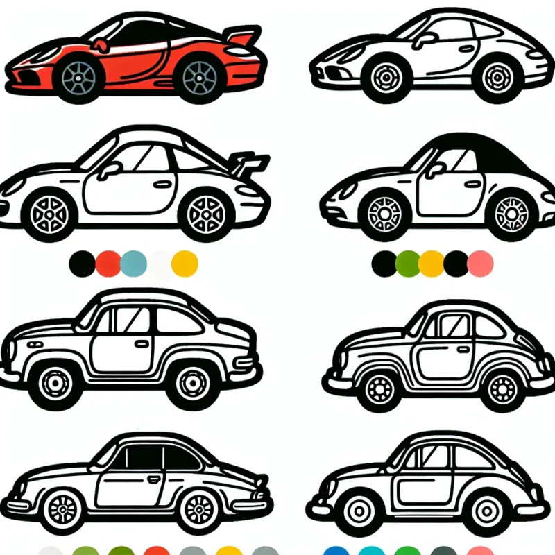Dessinez des voitures de marques spécifiques en jouant avec des couleurs vives. Chaque voiture doit être associée à une couleur : rouge pour Ferrari, bleu pour Bugatti, vert pour Jaguar, etc.