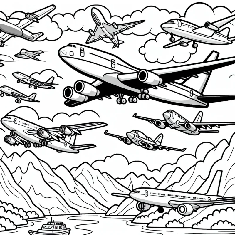 Imaginez un ensemble de différents types d'avions, depuis les avions de ligne jusqu'aux avions à réaction, en passant par les avions de chasse vintage et modernes, qui survolent un paysage de montagnes et de rivières.