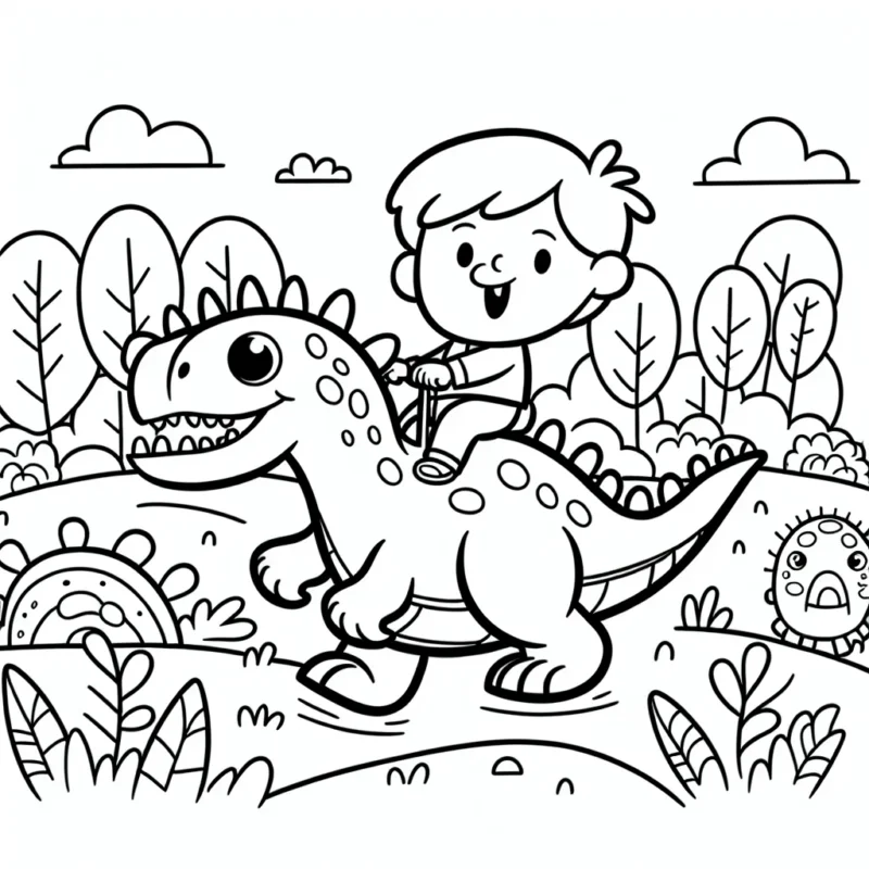 Un petit garçon chevauchant un dinosaure drôle dans un parc préhistorique