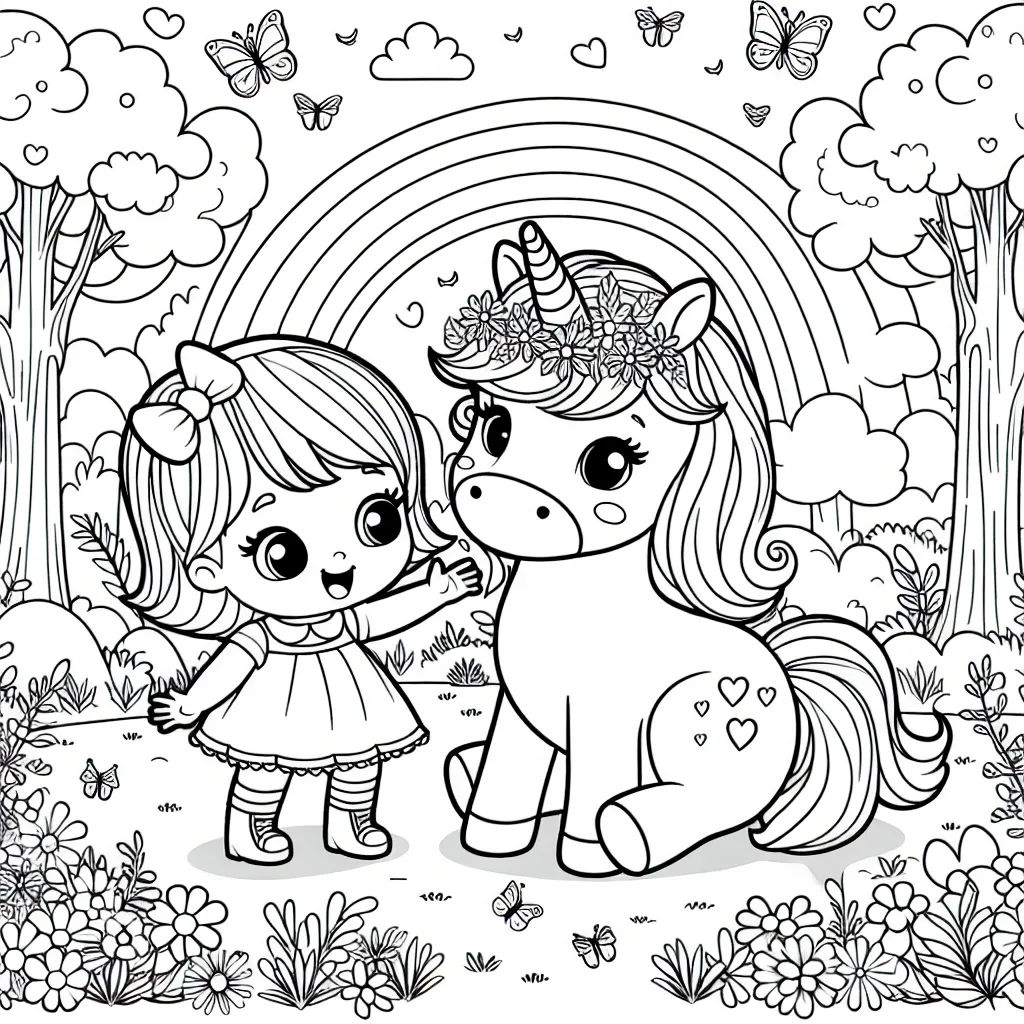 Une petite fille joue affectueusement avec son adorable licorne dans une forêt enchantée, remplie de papillons et d'arc-en-ciel.