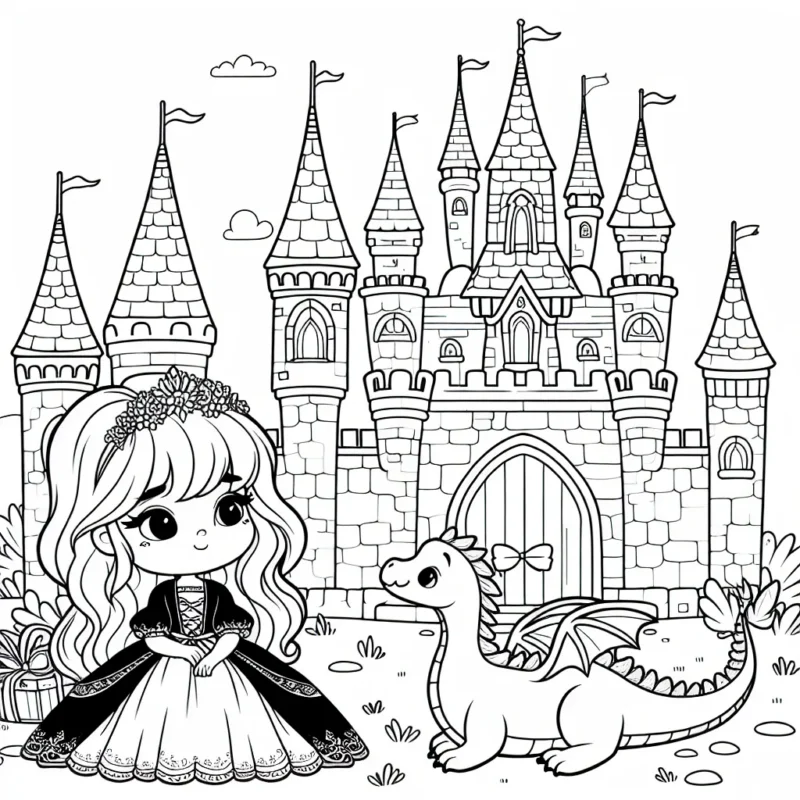 Dessine une jolie princesse au château enchanté avec son dragon domestique. Multiplie les détails pour fournir de nombreux espaces à colorer.