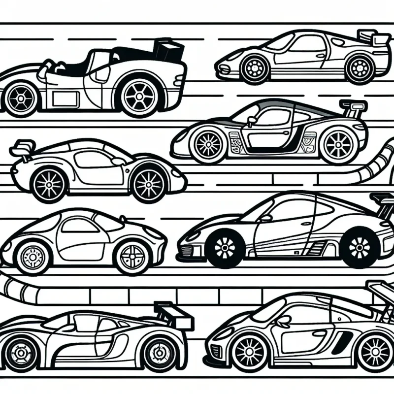 Des voitures de différentes marques sont alignées sur une piste de course. Chacune a une forme, un style et un design unique selon sa marque. Certaines sont sportives, d'autres classiques. Il y a des BMW, des Mercedes, des Audi, des Ferrari et bien d'autres.