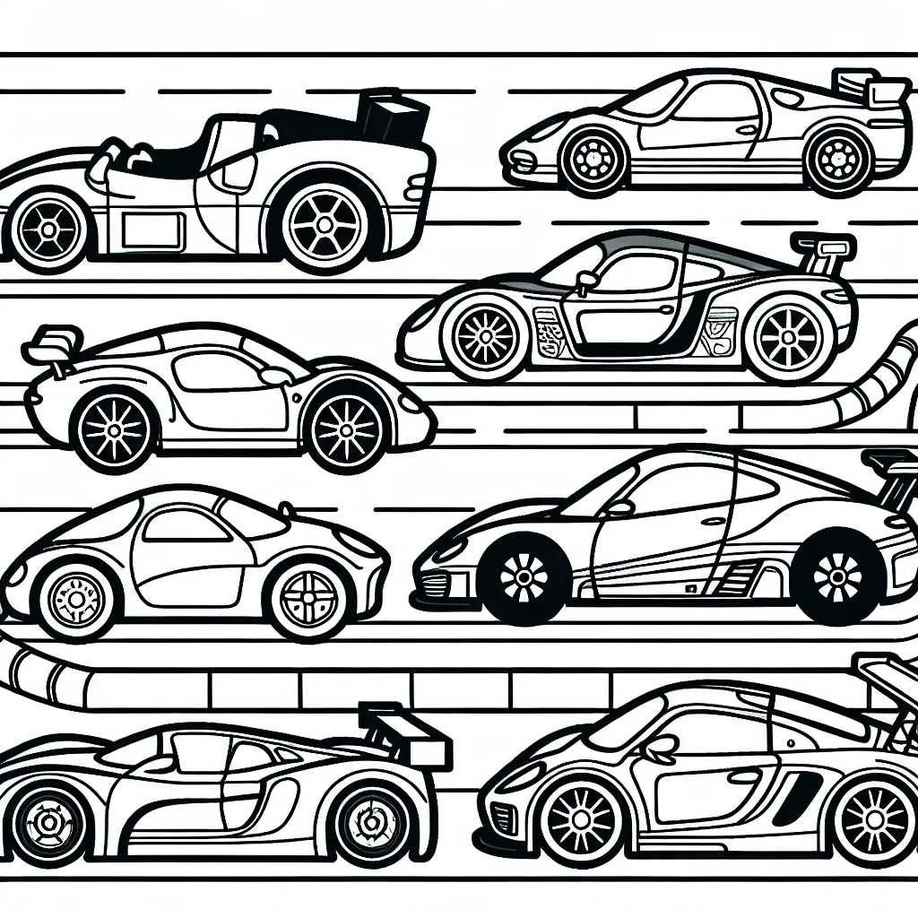 Des voitures de différentes marques sont alignées sur une piste de course. Chacune a une forme, un style et un design unique selon sa marque. Certaines sont sportives, d'autres classiques. Il y a des BMW, des Mercedes, des Audi, des Ferrari et bien d'autres.