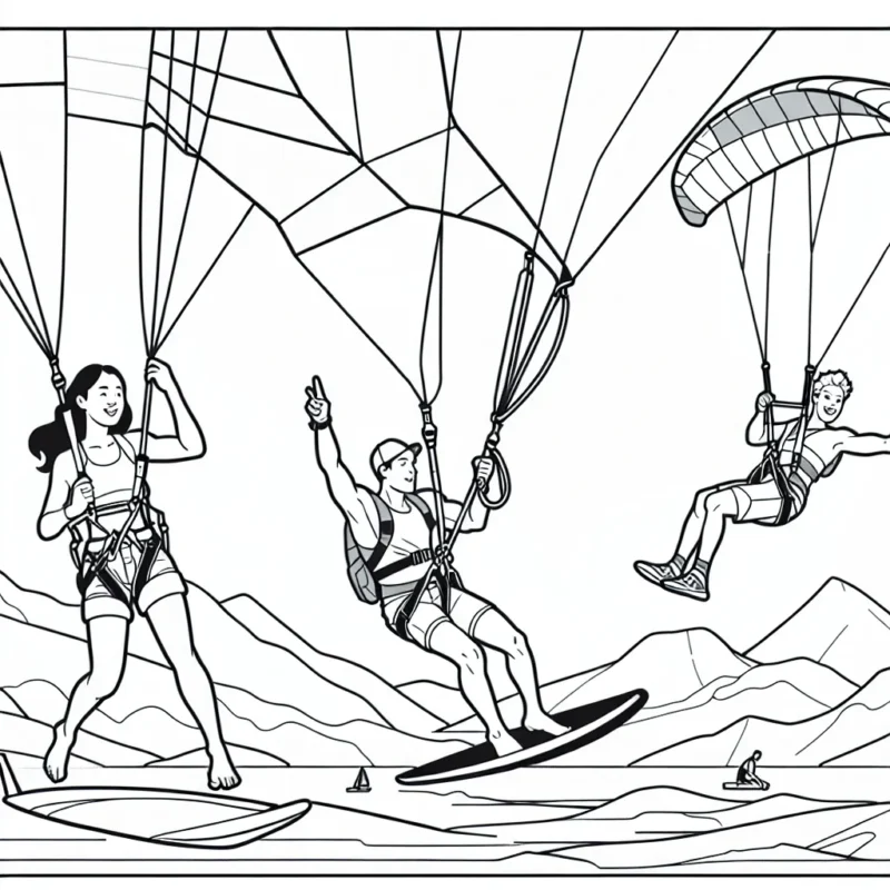 Dans cette scène animée, un athlète fait du parapente, un autre de la planche à voile et un autre du saut à l'élastique. Tu peux les colorier avec tes couleurs préférées!