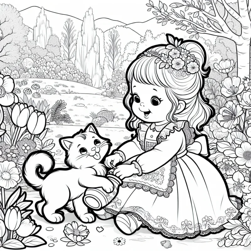 Une petite princesse jouant avec son chat dans un jardin fleuri au printemps