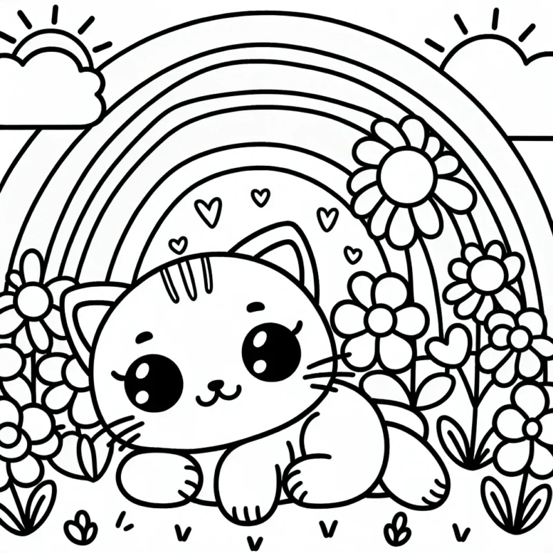 Un petit chaton mignon se prélassant dans un jardin fleuri sous un arc-en-ciel
