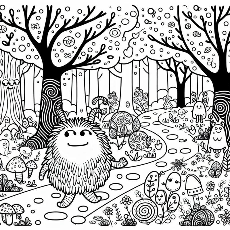 Un gentil monstre se promène dans une forêt enchantée remplie de créatures fantastiques et d'arbres mystiques.