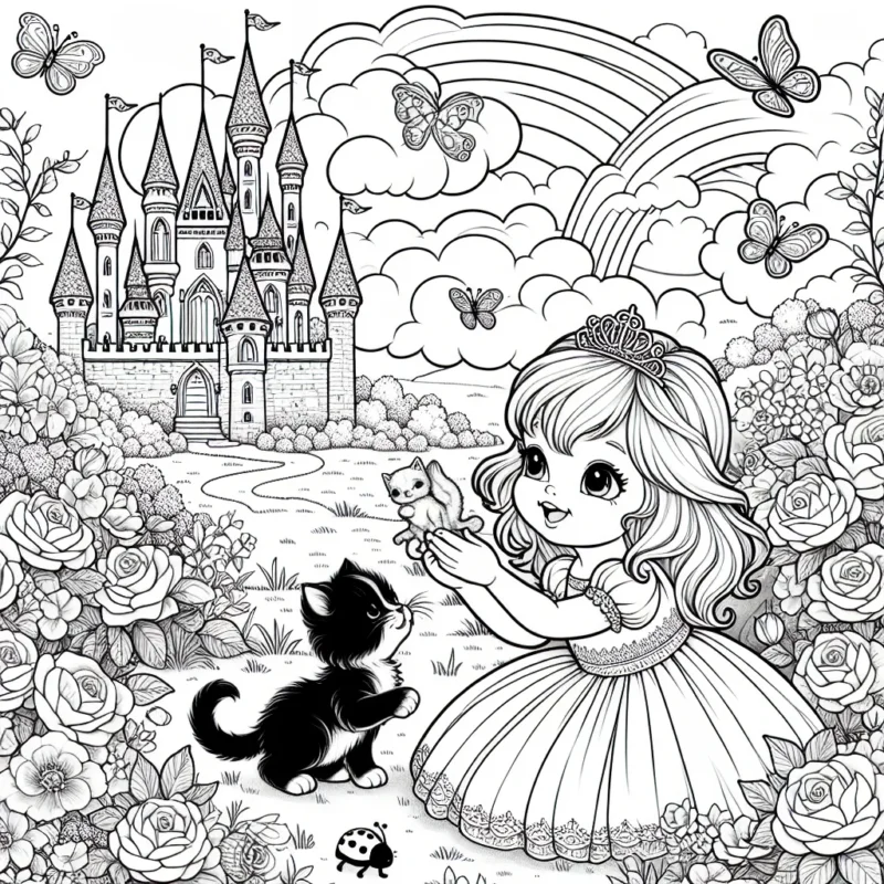 Un dessin détaillé d'une jeune princesse qui joue avec son chaton mignon près d'un château de conte de fées féerique. La scène se déroule dans un magnifique jardin rempli de roses vibrantes et d'insectes amicaux comme des papillons et des coccinelles. En arrière-plan, les tours scintillantes du château s'élèvent haut dans le ciel rempli de nuages moelleux et d'un arc-en-ciel brillant.
