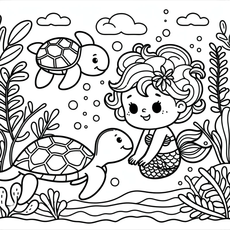 Imaginer une petite sirène qui joue avec son amie, la tortue marine, dans un paysage aquatique luxuriant.