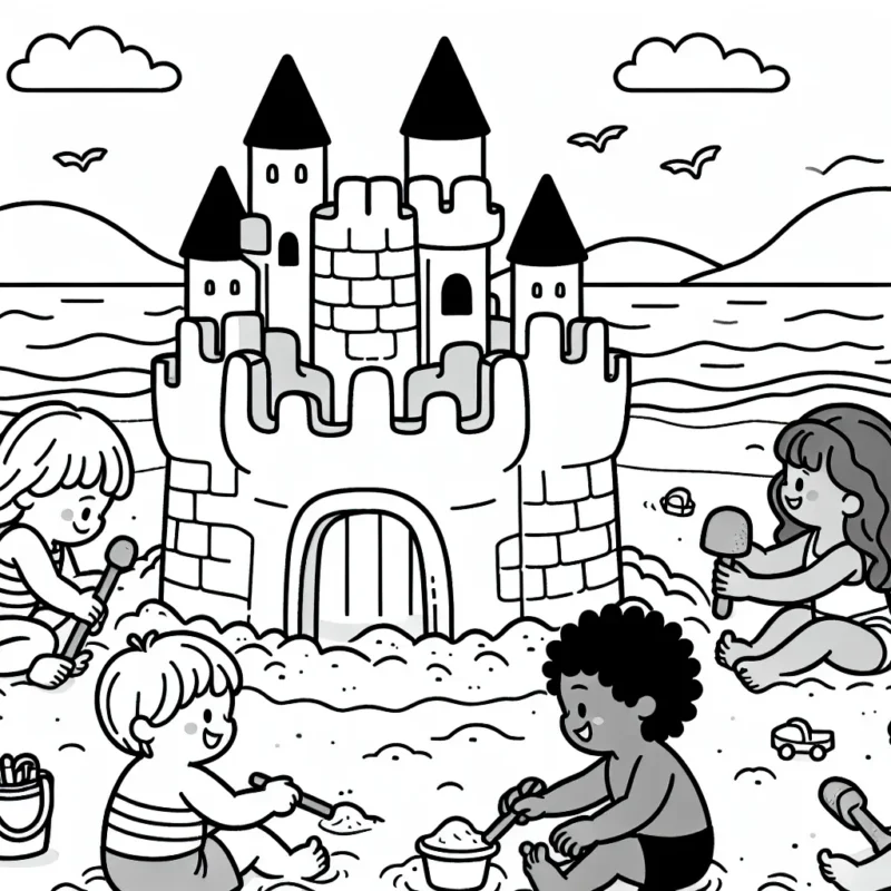 Un château de sable gigantesque sur la plage avec des enfants qui jouent autour