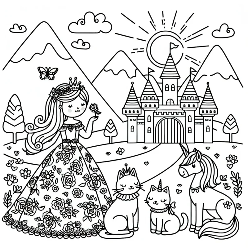 Une princesse avec une longue robe à fleurs dans son palais entourée de ses animaux de compagnie : un chat, un chien et une licorne, sur une montagne ensoleillée
