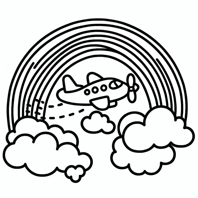 Un avion traversant les nuages dans un ciel orné d'un arc-en-ciel