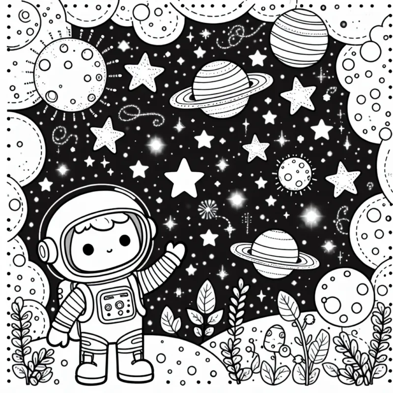 Un petit astronaute courageux qui découvre une galaxie mystérieuse pleine d'étoiles scintillantes, d'étranges planètes colorées et d'adorables petits extraterrestres.