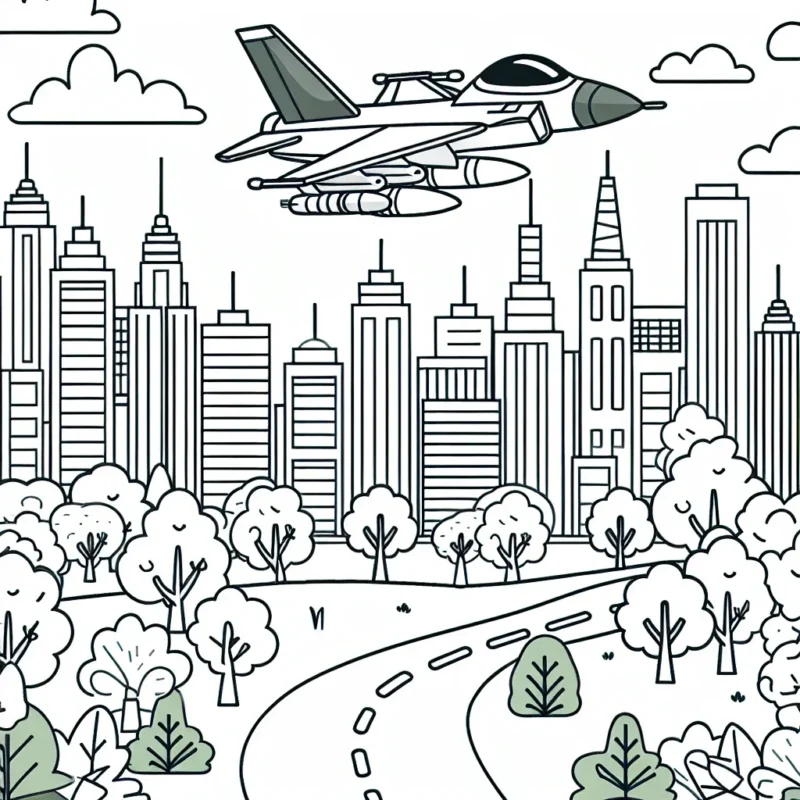 Dessinez un avion de chasse volant au dessus d'une belle ville, avec des immeubles élevés et un parc verdoyant.