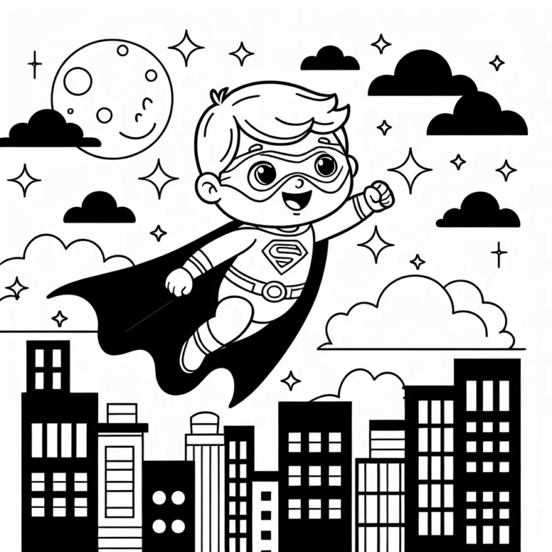 Une scène animée d'un petit garçon super-héros volant au-dessus d'une ville illuminée.