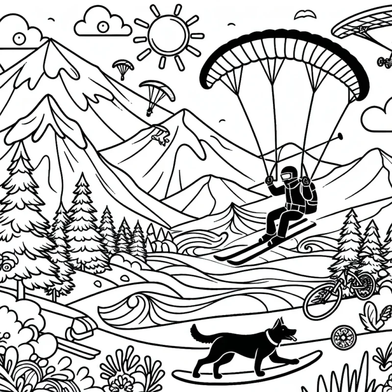 Dans cette scène, dessine un sportif faisant du ski extrême sur une montagne enneigée avec un chien qui le suit. Il y a aussi un parapentiste dans le ciel, un surfeur affrontant une grande vague et un vététiste sur une piste accidentée dans le paysage. N'oublie pas d'ajouter des détails comme les arbres, le soleil, les oiseaux et même d'autres sportifs en arrière-plan.