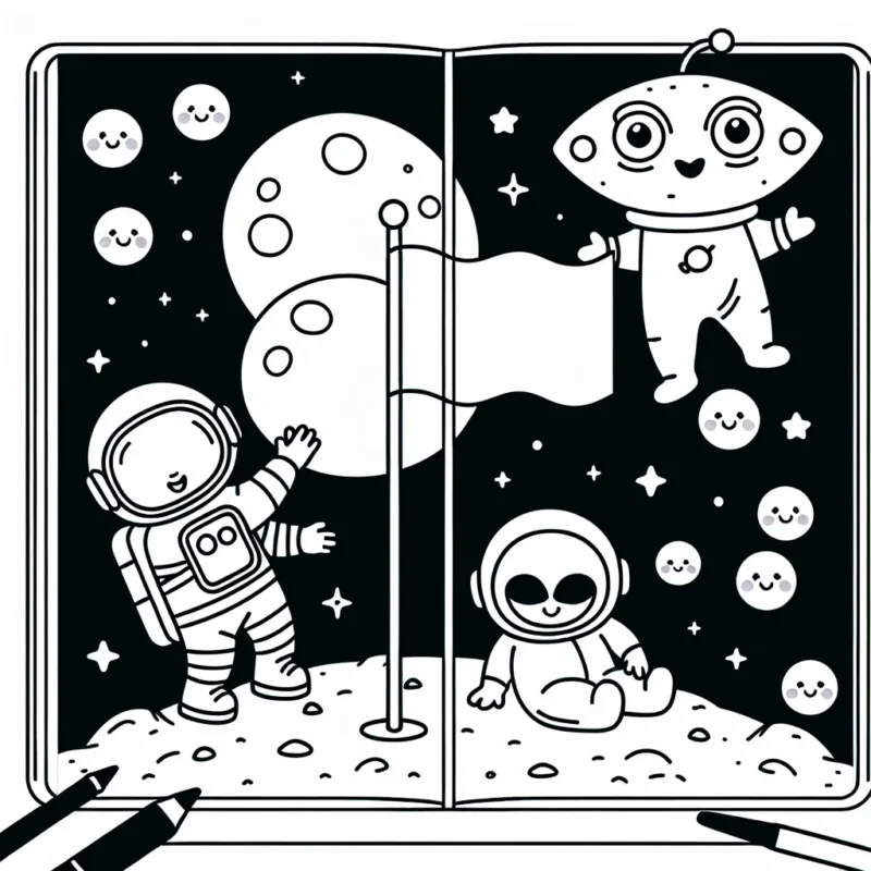 Un astronaute plantant un drapeau sur la lune avec des extraterrestres souriants