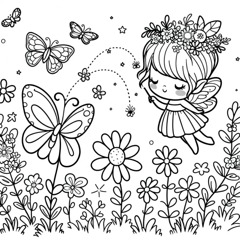 Imagine une adorable petite fée des fleurs voletant au dessus d'une prairie fleurie où se trouvent des papillons multicolores.
