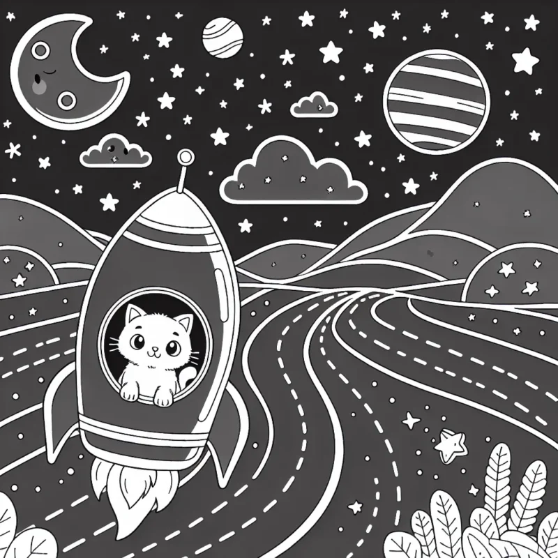 Un voyage fantastique à bord d’une fusée spatiale avec un petit chat comme compagnon d'aventure.