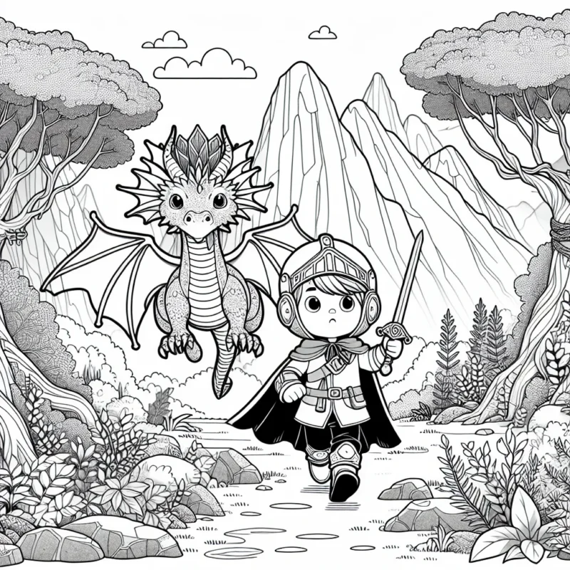 Un petit garçon traverse une forêt mystérieuse, flanqué de son fidèle dragon volant en armure. Ils tentent bravement de récupérer l'épée légendaire qui est située au sommet d'une montagne rocheuse. Des arbres fantasmagoriques et une faune discrète les entourent.