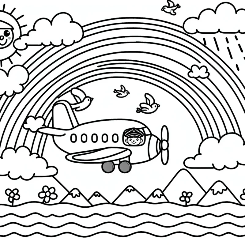 Dessine un avion survolant un arc-en-ciel, avec un pilote animé qui te fait signe à travers le hublot, des montagnes en toile de fond et des oiseaux qui volent à côté.