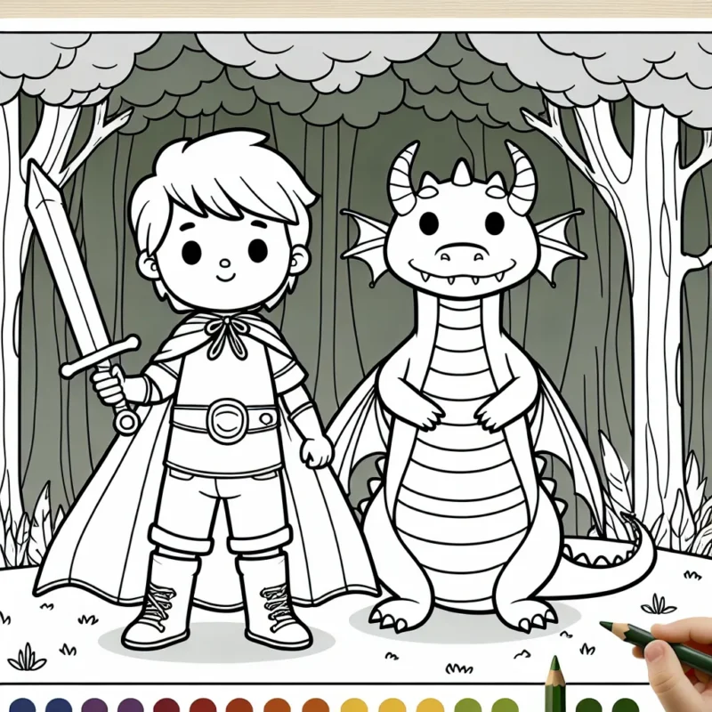Un petit garçon avec une cape de super-héros, tenant une épée de lumière, debout à côté d'un dragon amical au milieu d'une forêt ancienne