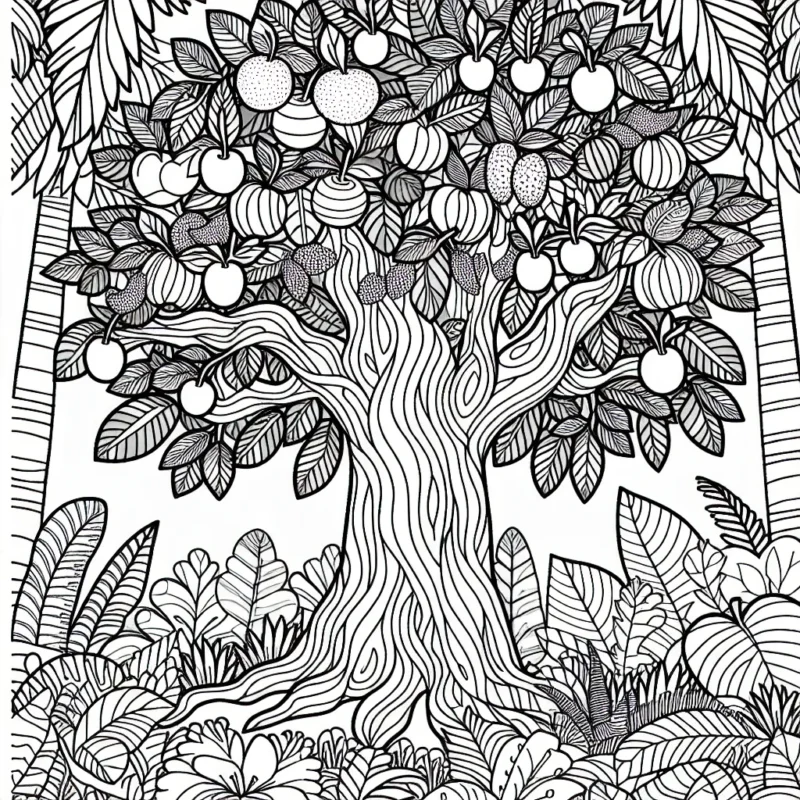 dessine un arbre magique avec des fruits exotiques dans une jungle luxuriante