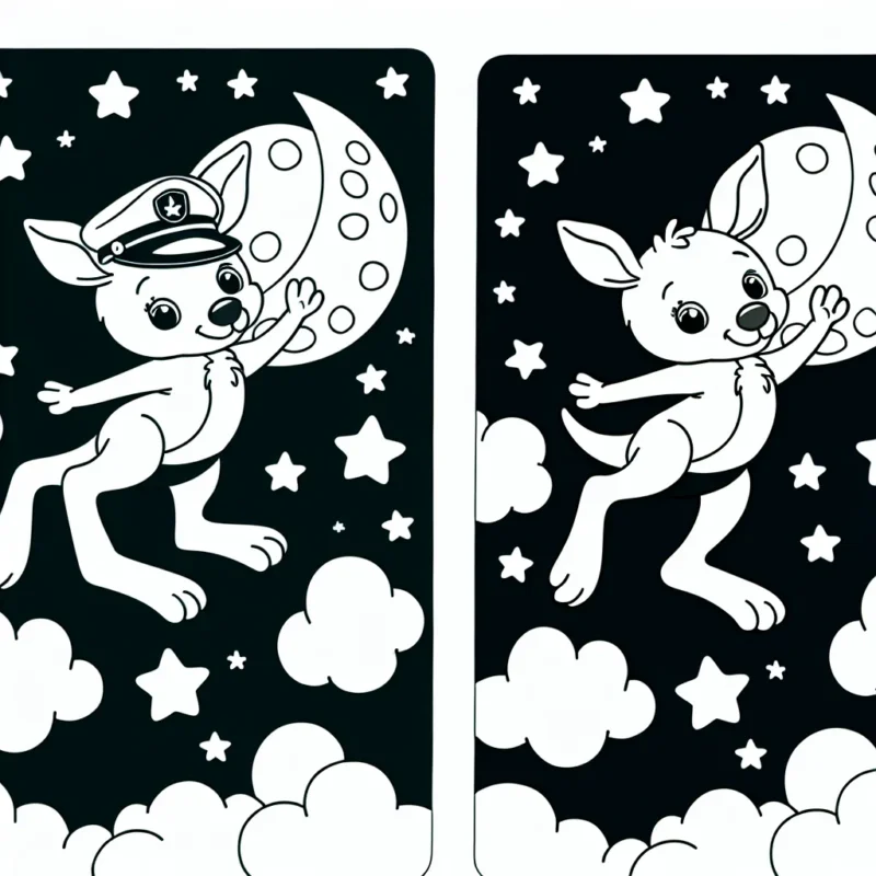 Un kangourou sympathique saute sur la lune avec une casquette de capitaine sur la tête.