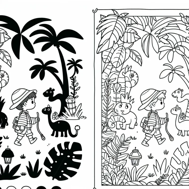 Dessine un petit aventurier explorant une jungle pleine d'animaux exotiques et de plantes mystérieuses.
