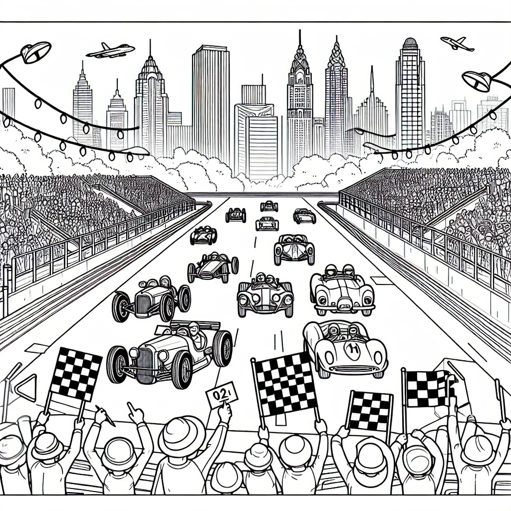 Dessin d'une grande course d'automobiles avec des voitures classiques et contemporaines, des panneaux de signalisation, des spectateurs et un paysage urbain