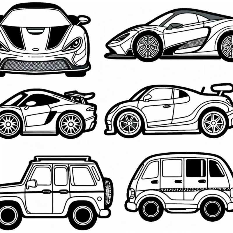 Des voitures de diverses marques sont dessinées sur une page, chaque voiture est caractéristique de sa marque spécifique. Par exemple, une voiture de sport pour Ferrari, une minivan pour Renault, et ainsi de suite. Chaque véhicule est accompagné du logo de sa marque pour faciliter l'identification.