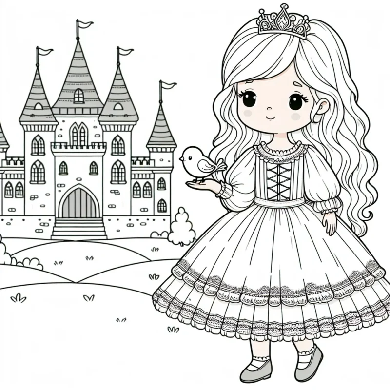 Imagine, dessine et colorie une jolie princesse avec une robe à volants tenant doucement un petit oiseau sur sa main, devant un grand château