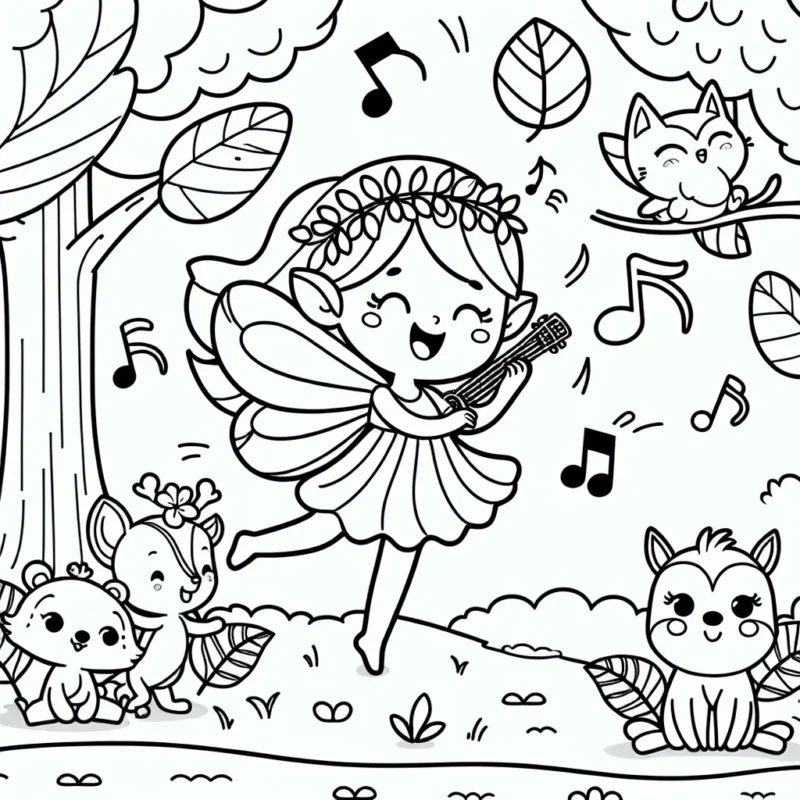 Dessine une douce fée des bois jouant de la musique sur une feuille d'arbre, tandis que de joyeux petits animaux l'écoutent attentivement.